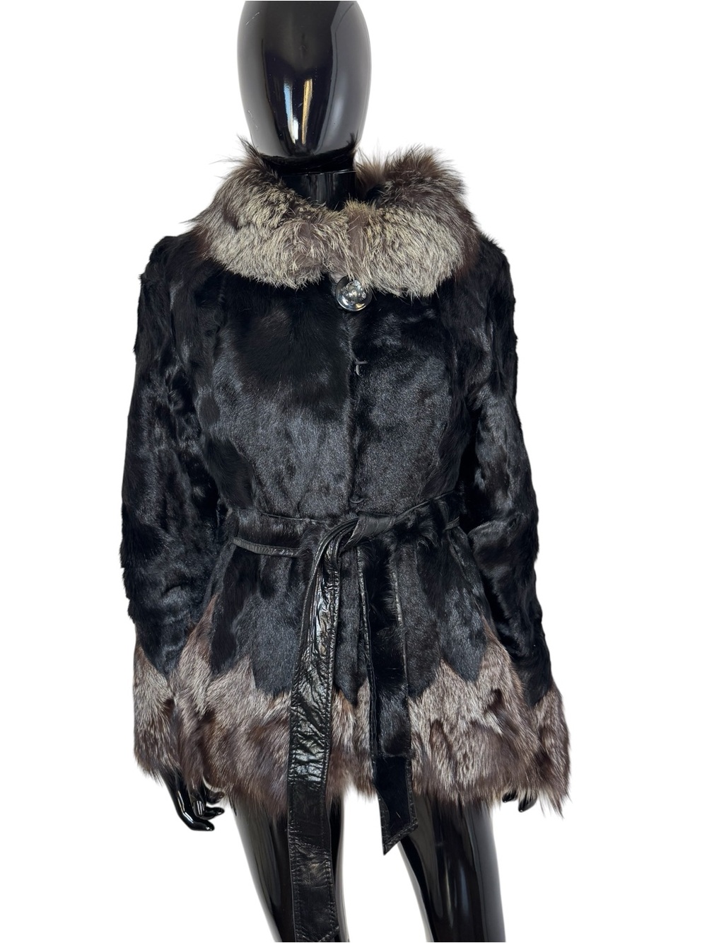 Luxury  black Goat Fur Coat silver Fox Fur Trim Leather Belt Women’s L Black